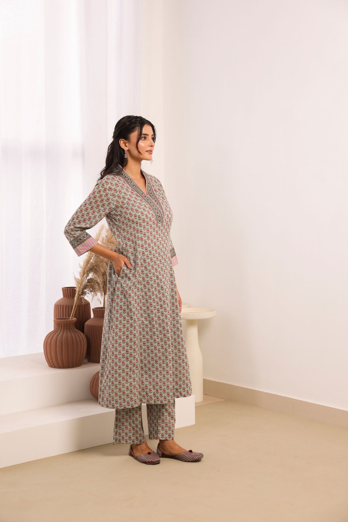 Sage Green Cotton Comfort Fit A-Line Kurta with Printed Cotton Pants
