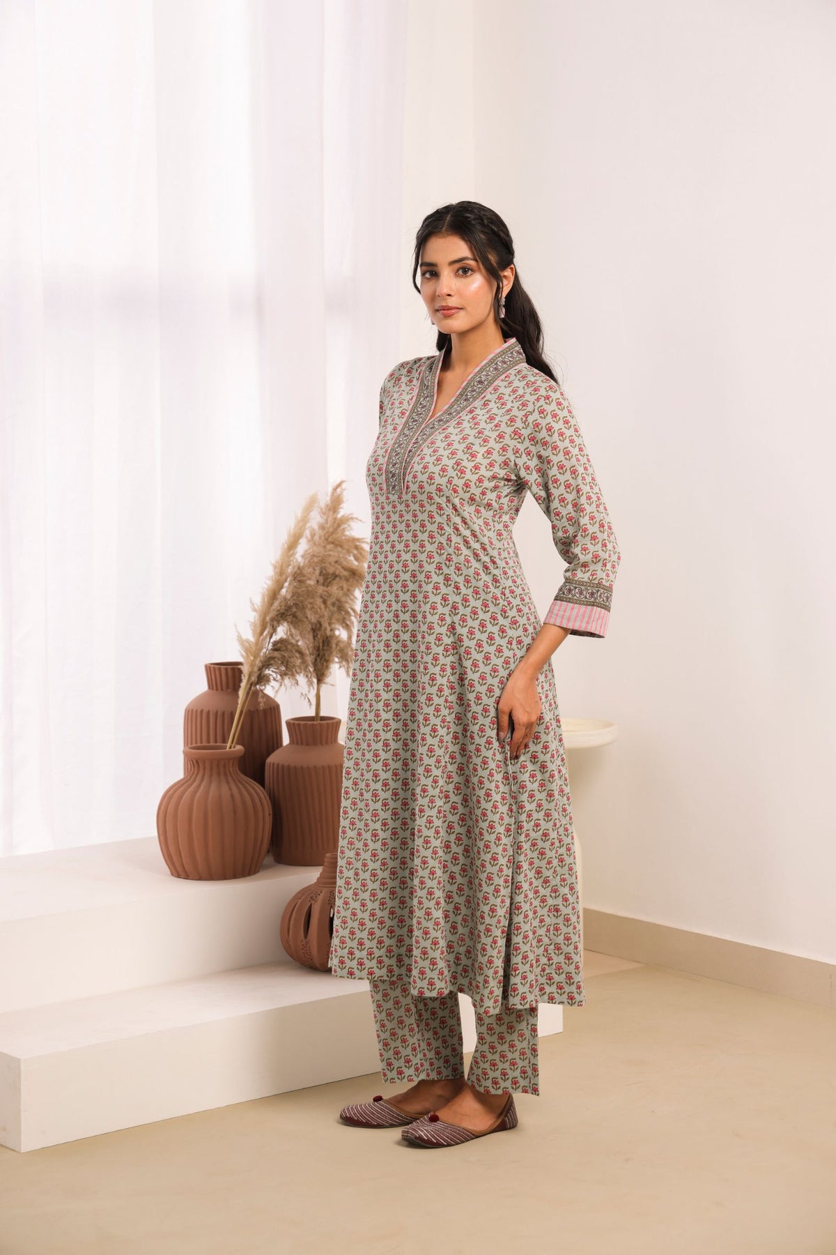 Sage Green Cotton Comfort Fit A-Line Kurta with Printed Cotton Pants
