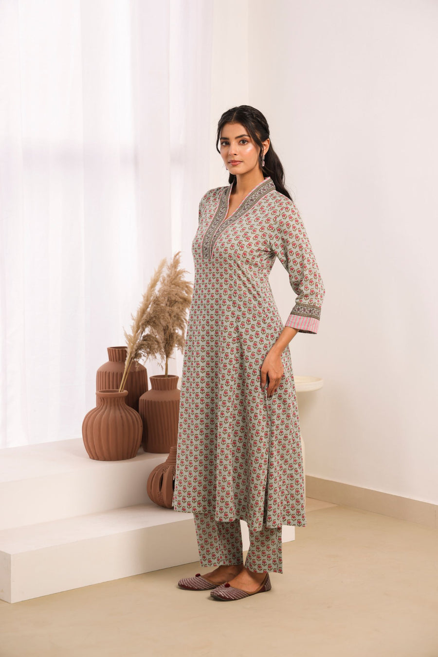 Sage Green Cotton Comfort Fit A-Line Kurta with Printed Cotton Pants
