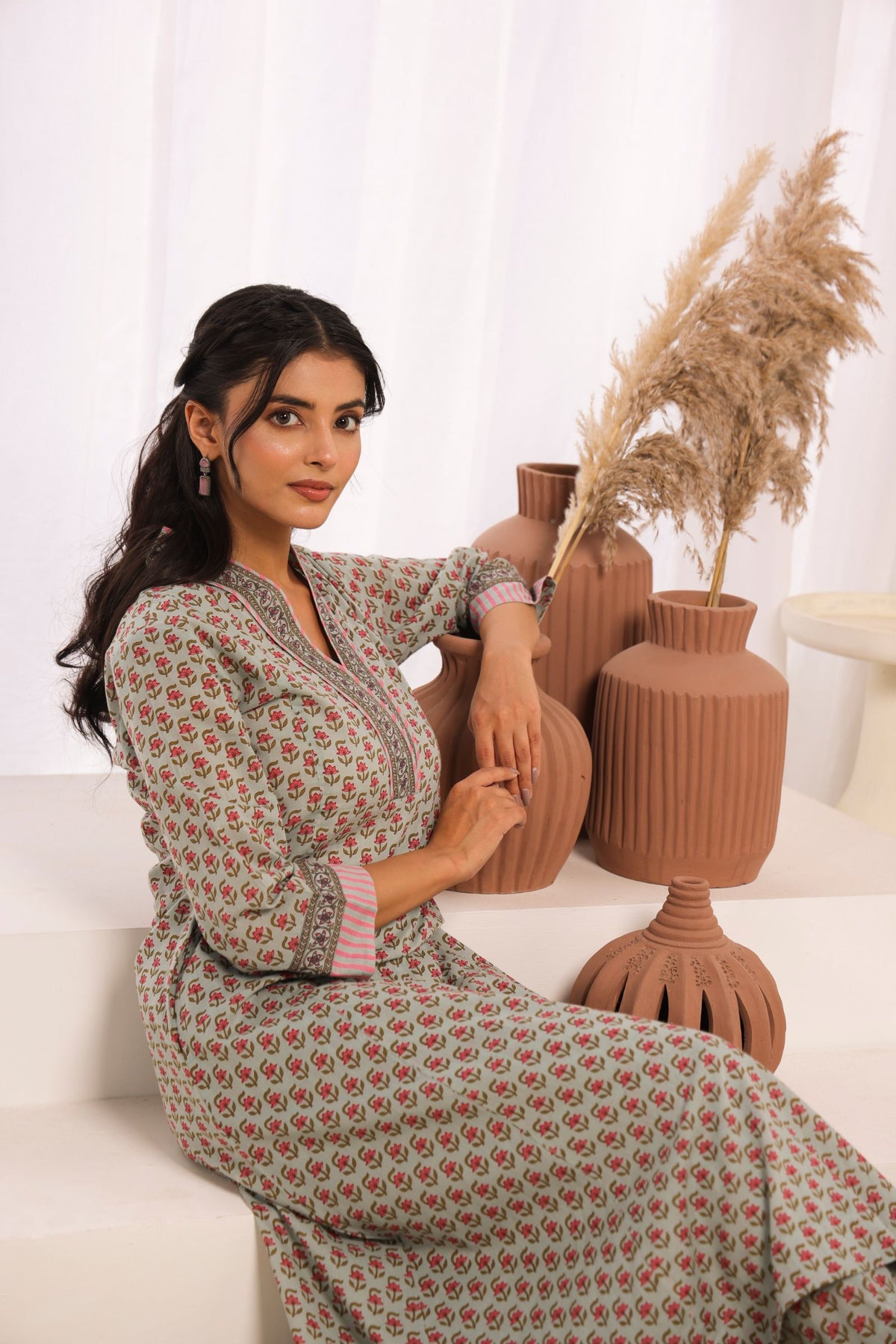 Sage Green Cotton Comfort Fit A-Line Kurta with Printed Cotton Pants