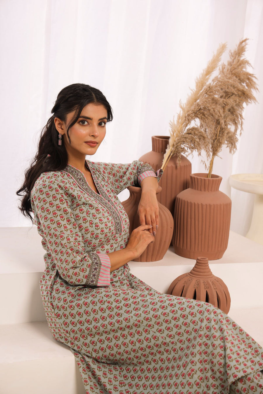 Sage Green Cotton Comfort Fit A-Line Kurta with Printed Cotton Pants