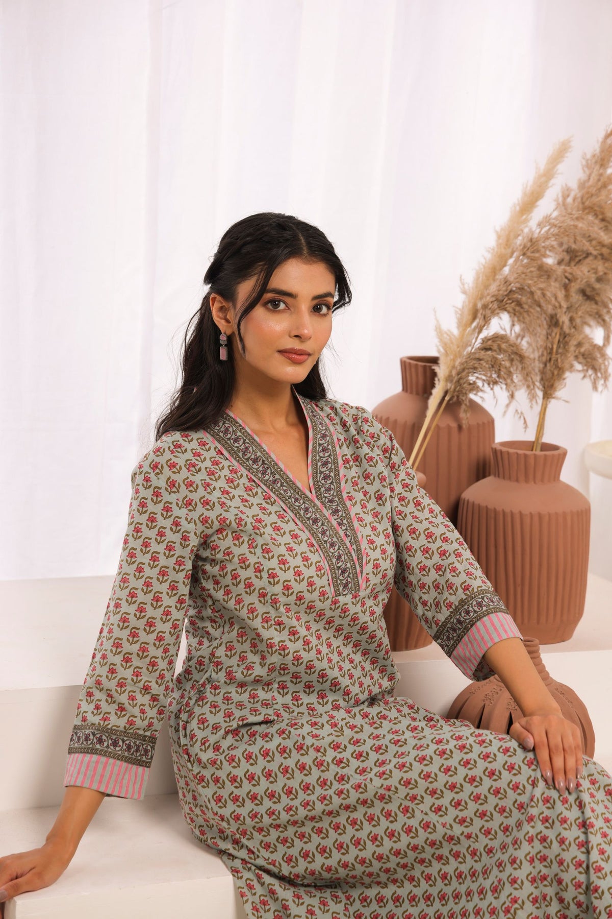 Sage Green Cotton Comfort Fit A-Line Kurta with Printed Cotton Pants