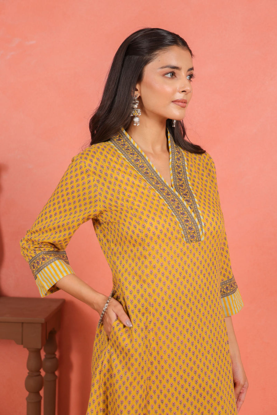 Yellow Cotton Comfort Fit A-Line Kurta with Printed Cotton Pants