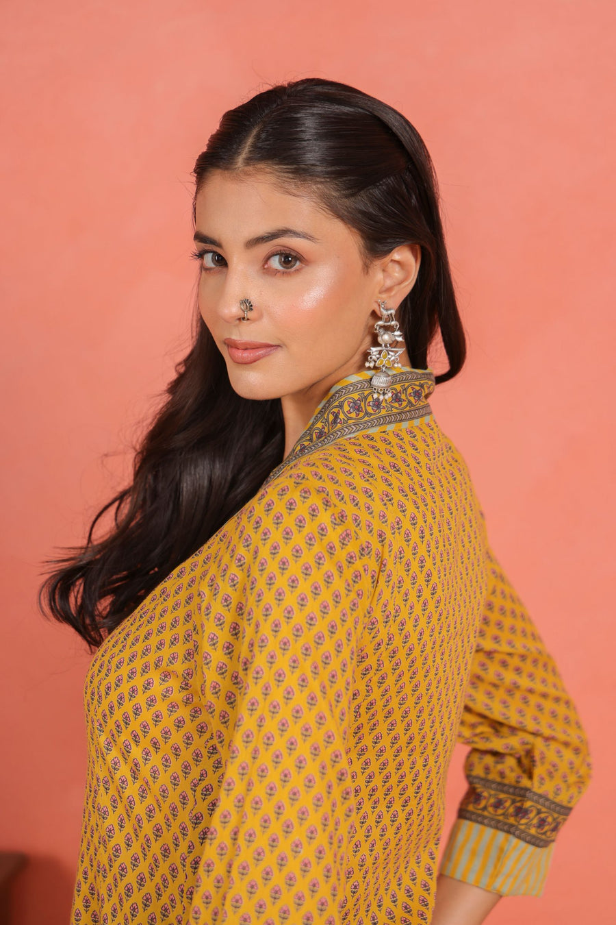 Yellow Cotton Comfort Fit A-Line Kurta with Printed Cotton Pants