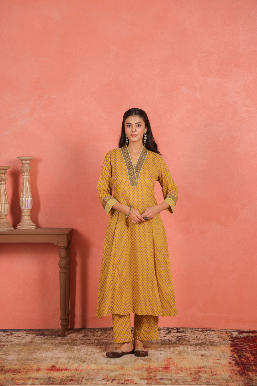 Yellow Cotton Comfort Fit A-Line Kurta with Printed Cotton Pants