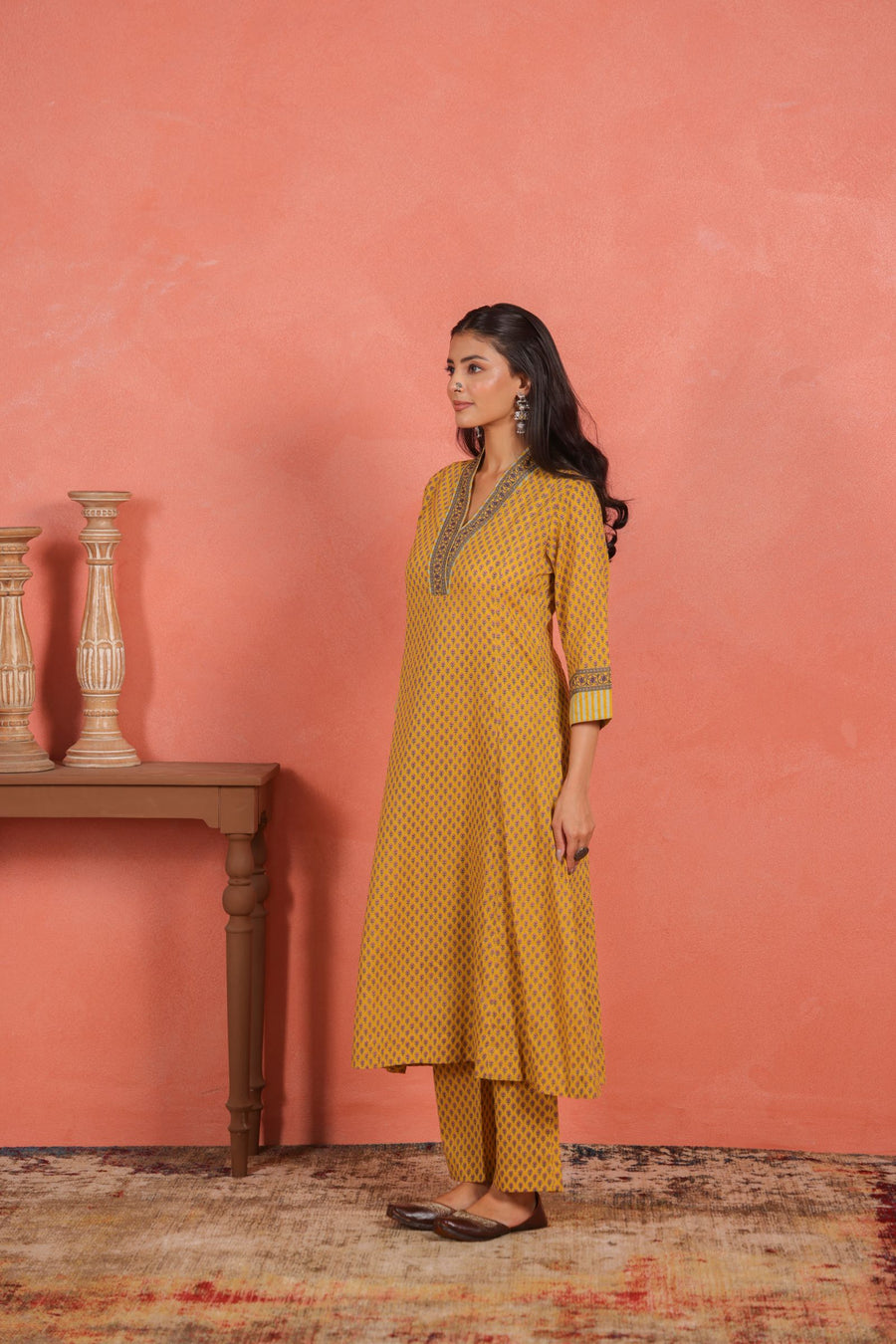Yellow Cotton Comfort Fit A-Line Kurta with Printed Cotton Pants