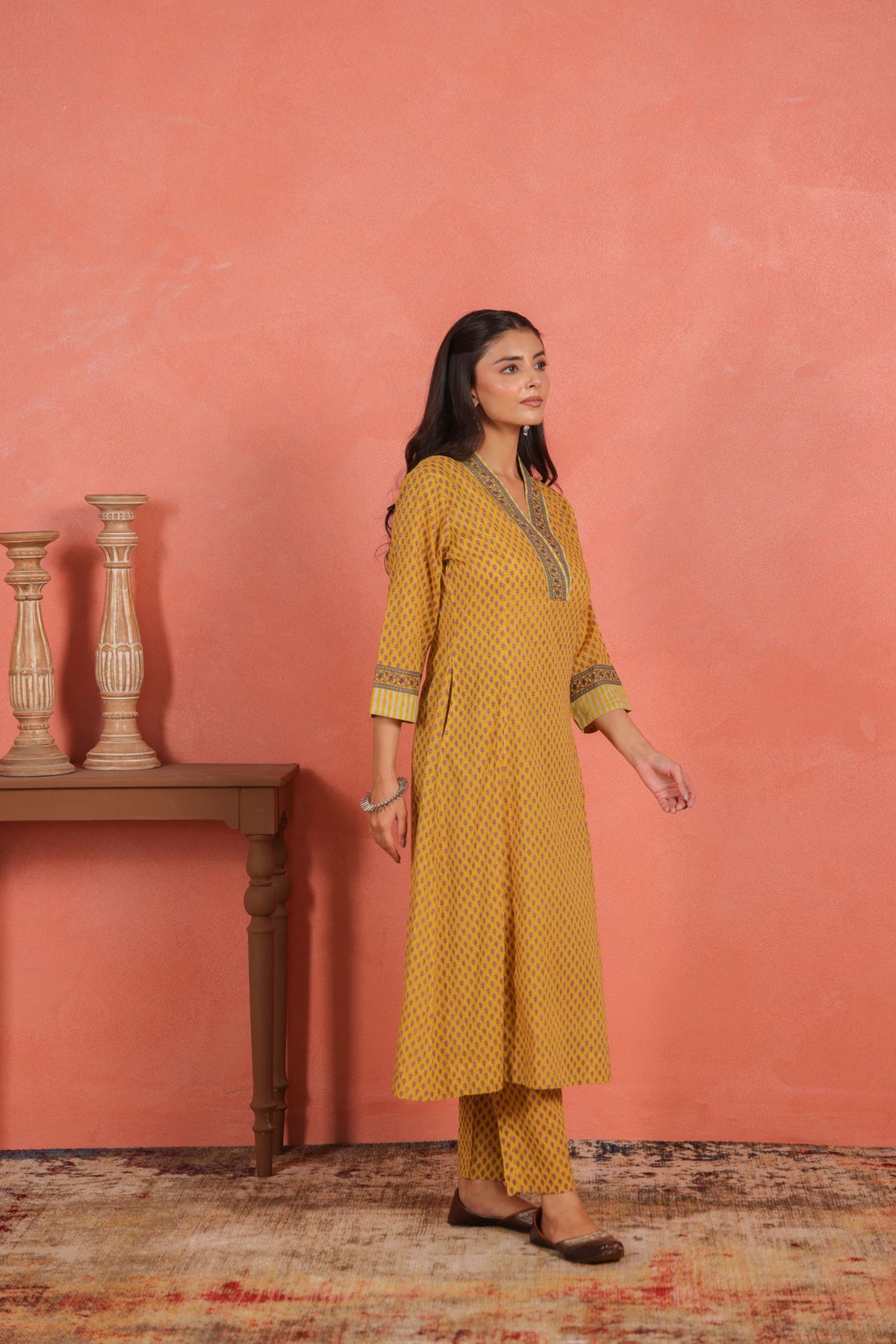 Yellow Cotton Comfort Fit A-Line Kurta with Printed Cotton Pants