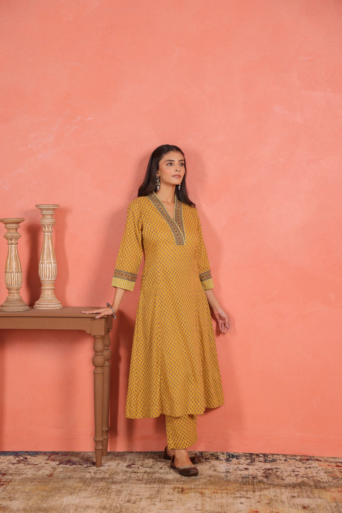 Yellow Cotton Comfort Fit A-Line Kurta with Printed Cotton Pants