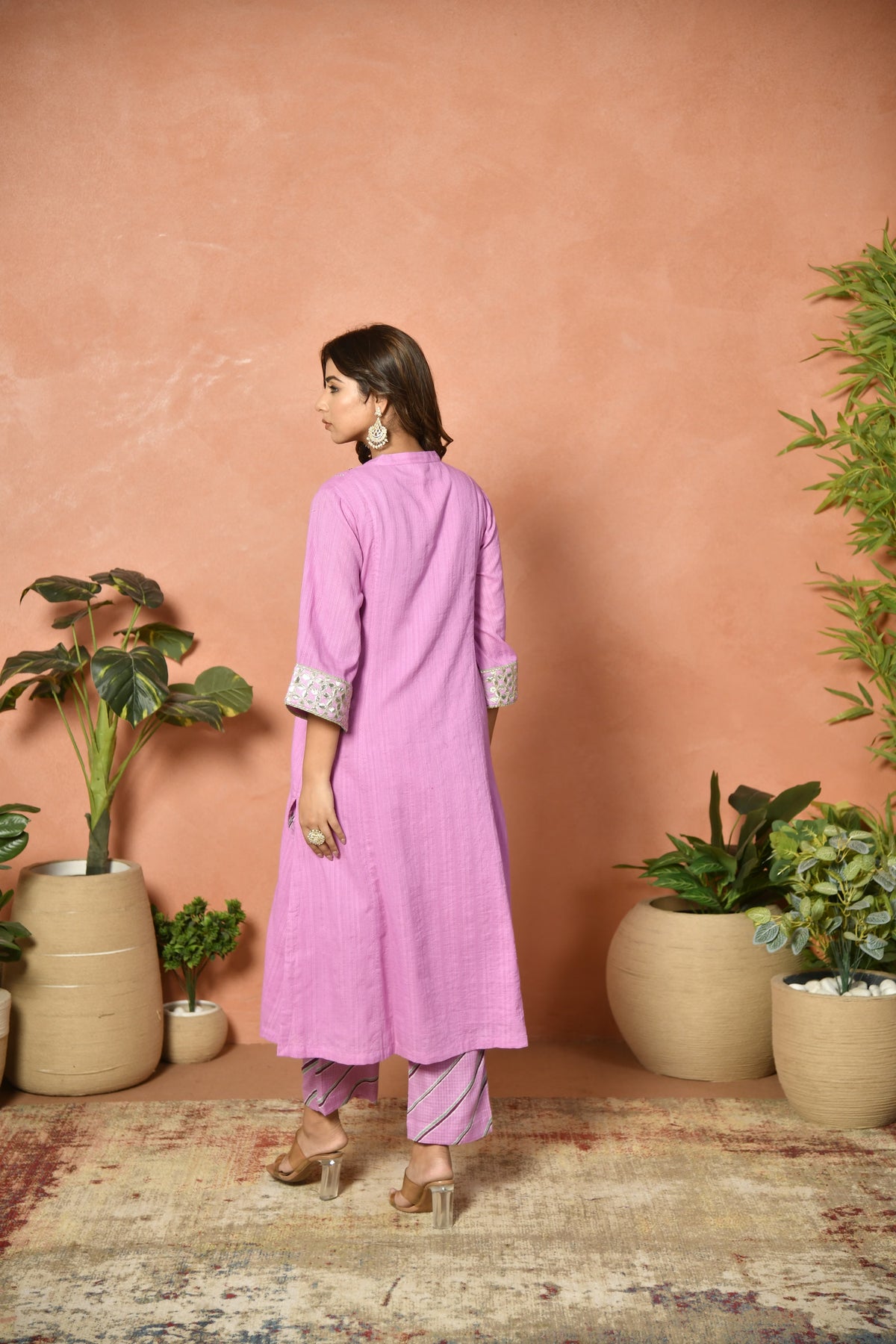 Purple festive embroidered cotton suit set - close-up detail - EKOHUM