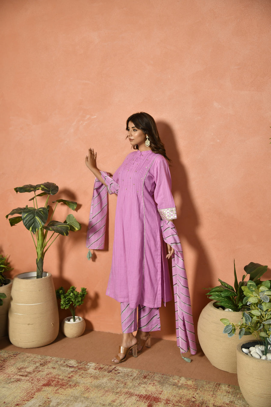 Purple festive embroidered cotton suit set - full outfit - EKOHUM