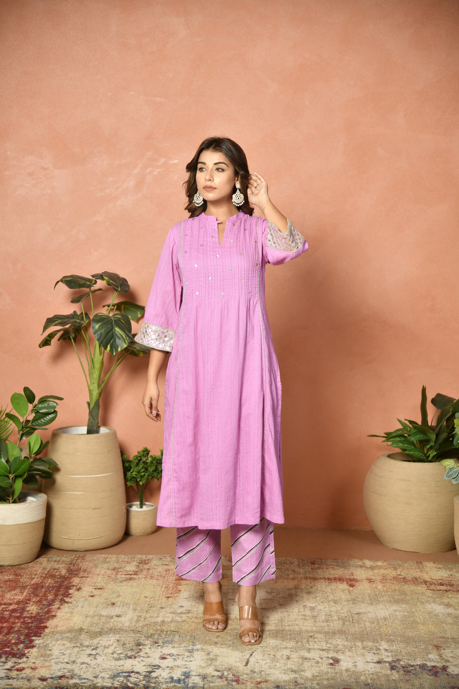 Purple festive embroidered cotton suit set - fabric detail - EKOHUM