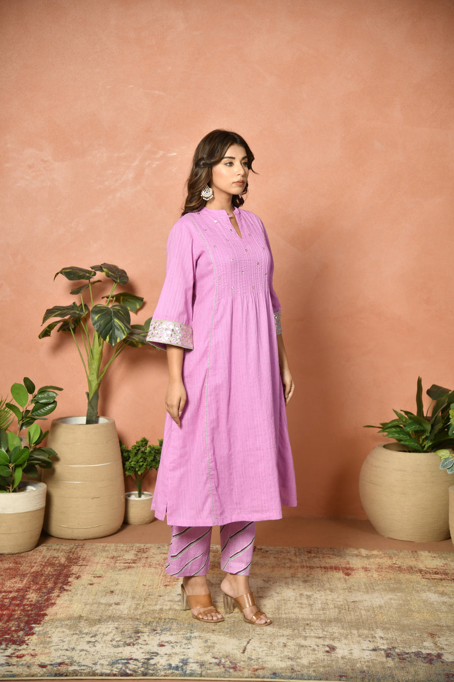 Purple festive embroidered cotton suit set - side view - EKOHUM