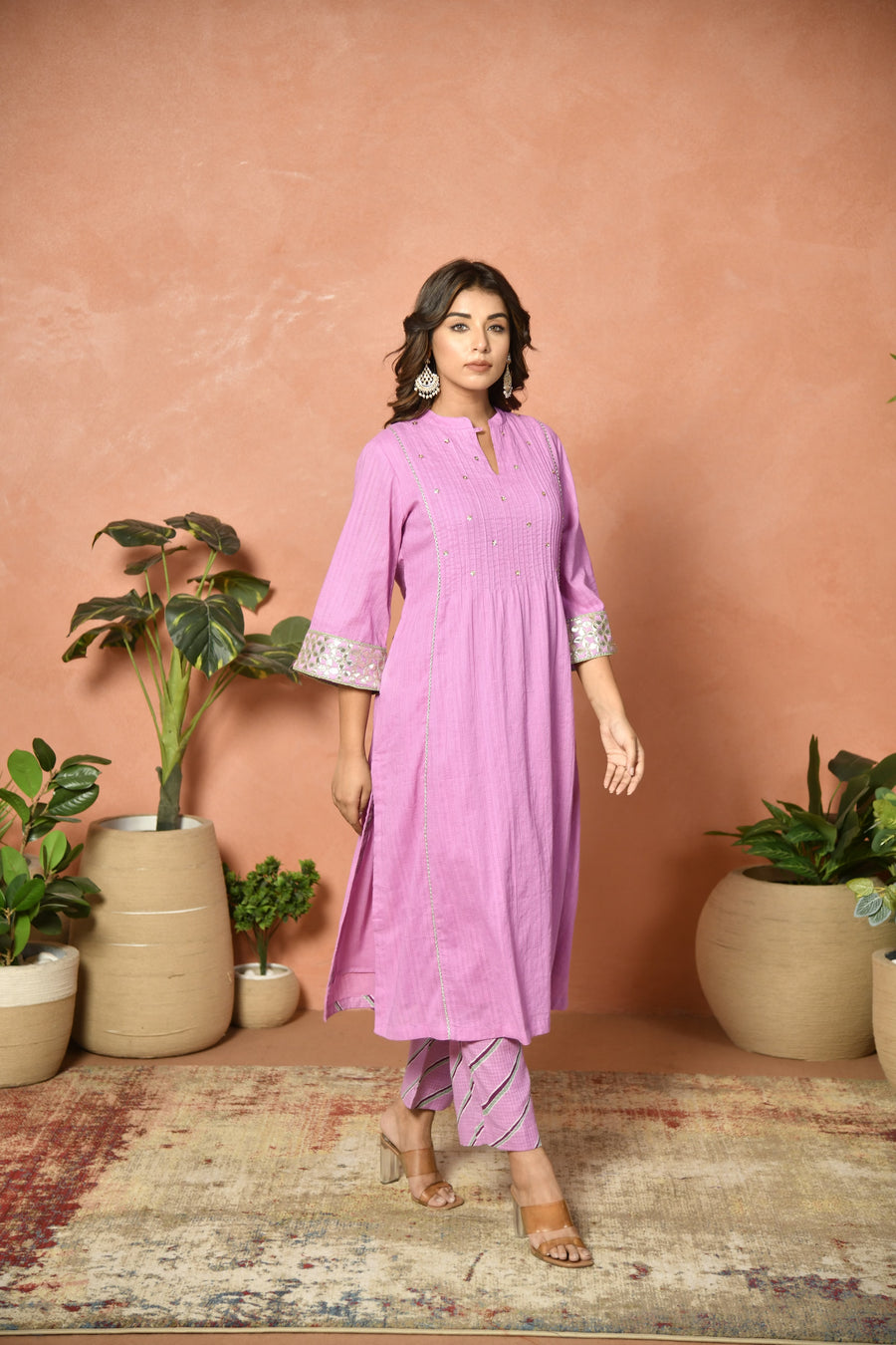 Purple festive embroidered cotton suit set - styled look - EKOHUM