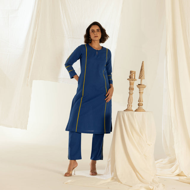 Blue Cotton Linen Kurta Pant Set in Contrast Piping