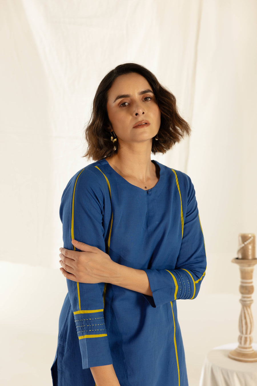 Blue Cotton Linen Kurta Pant Set in Contrast Piping
