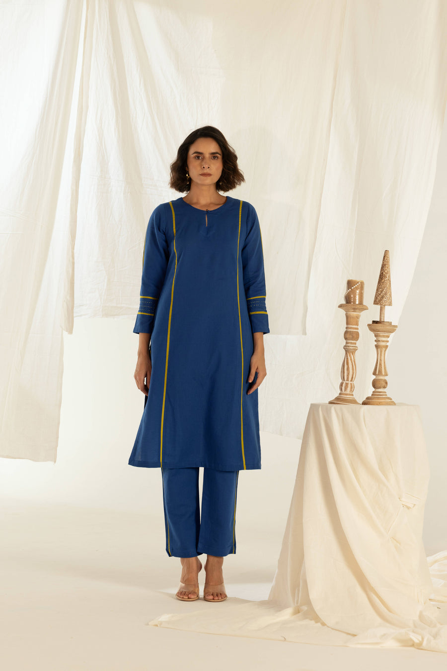 Blue Cotton Linen Kurta Pant Set in Contrast Piping