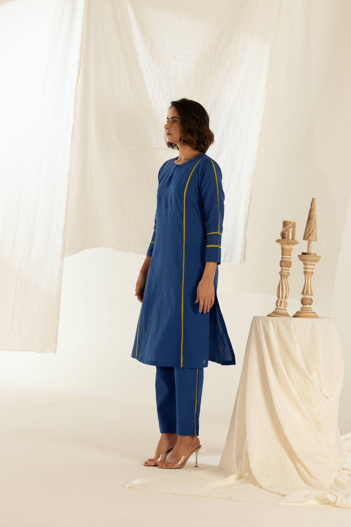 Blue Cotton Linen Kurta Pant Set in Contrast Piping
