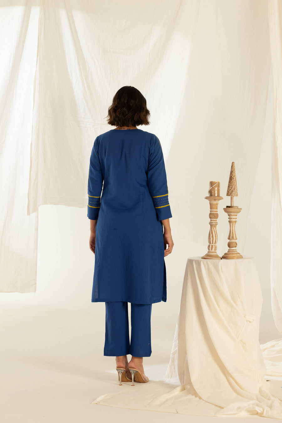 Blue Cotton Linen Kurta Pant Set in Contrast Piping