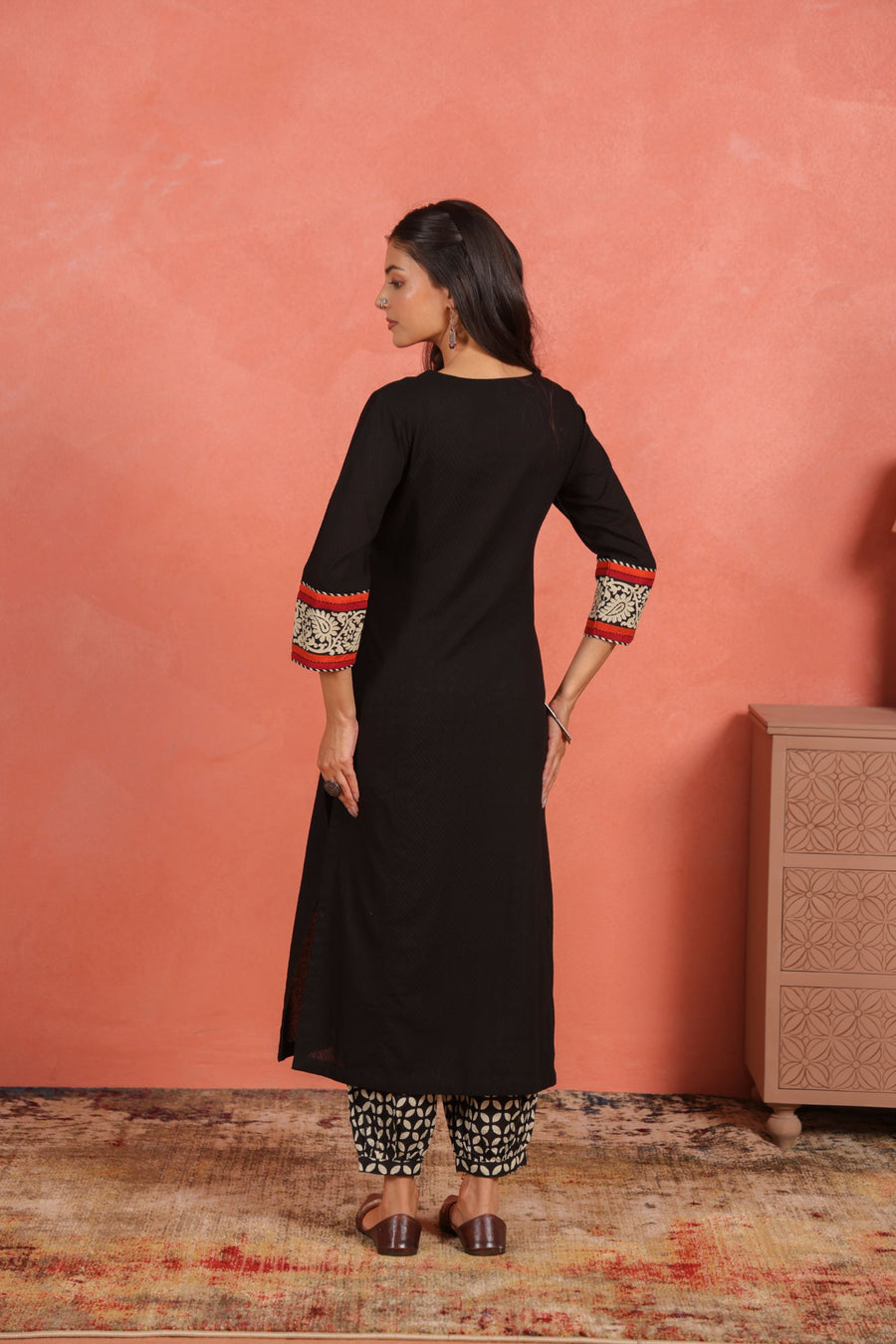 Black Cotton Dobby Kantha Sequin Hand Work Kurta with Printed Afghani Salwar