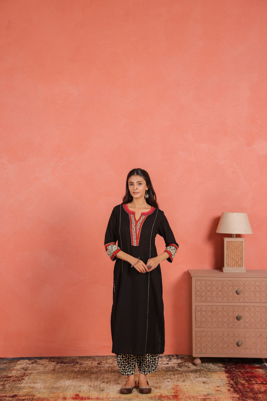 Black Cotton Dobby Kantha Sequin Hand Work Kurta with Printed Afghani Salwar