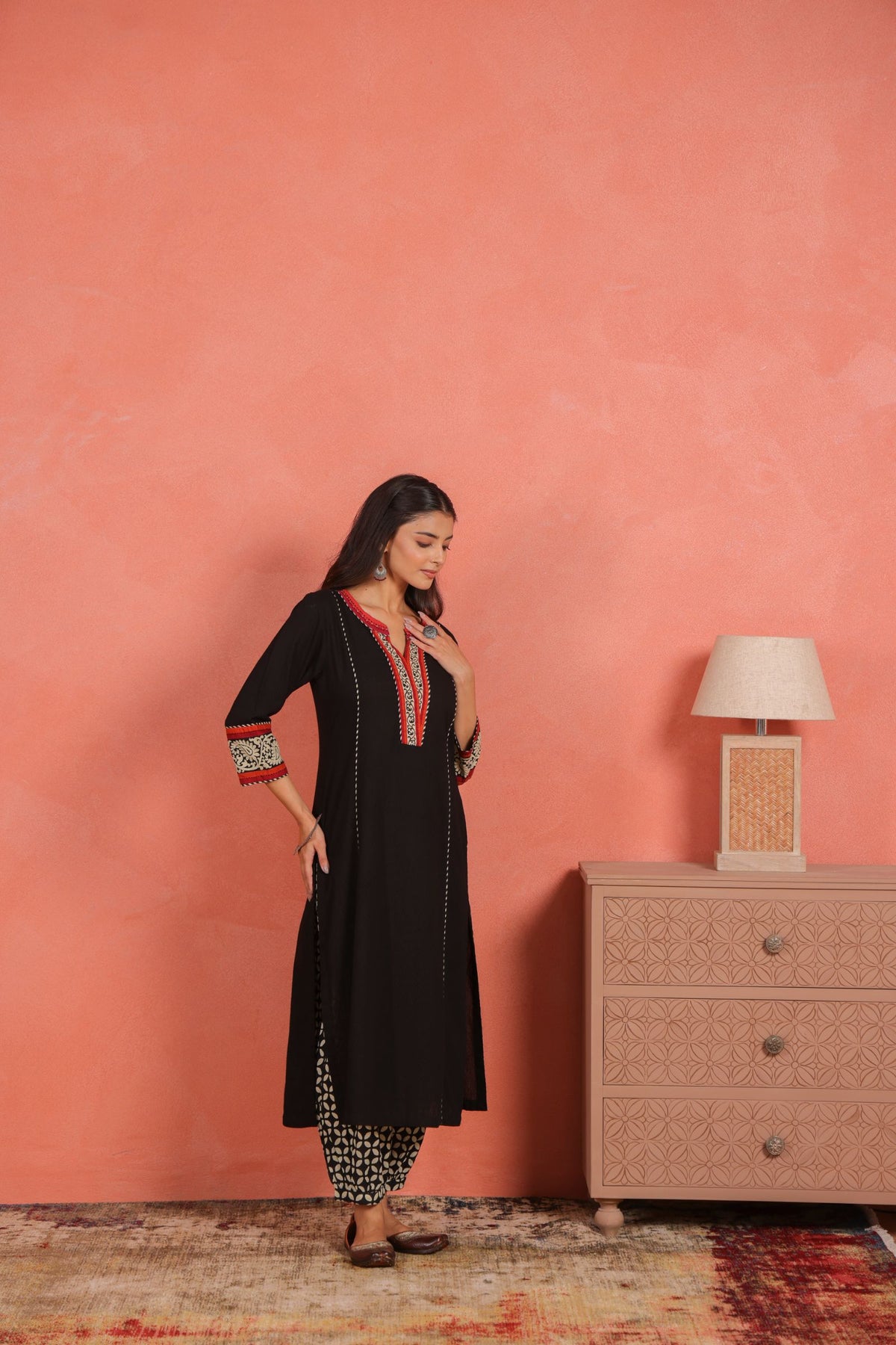 Black Cotton Dobby Kantha Sequin Hand Work Kurta with Printed Afghani Salwar