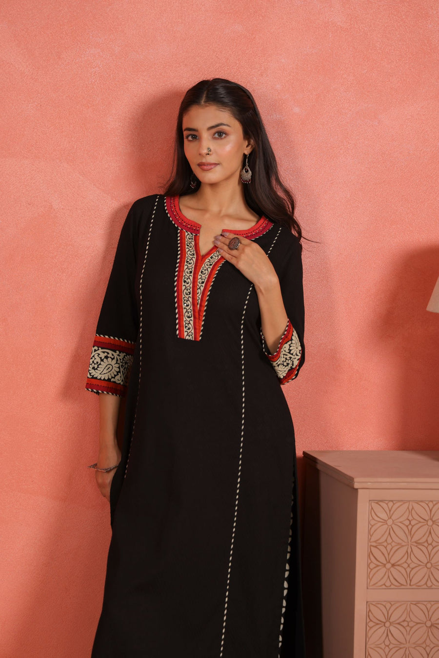 Black Cotton Dobby Kantha Sequin Hand Work Kurta with Printed Afghani Salwar