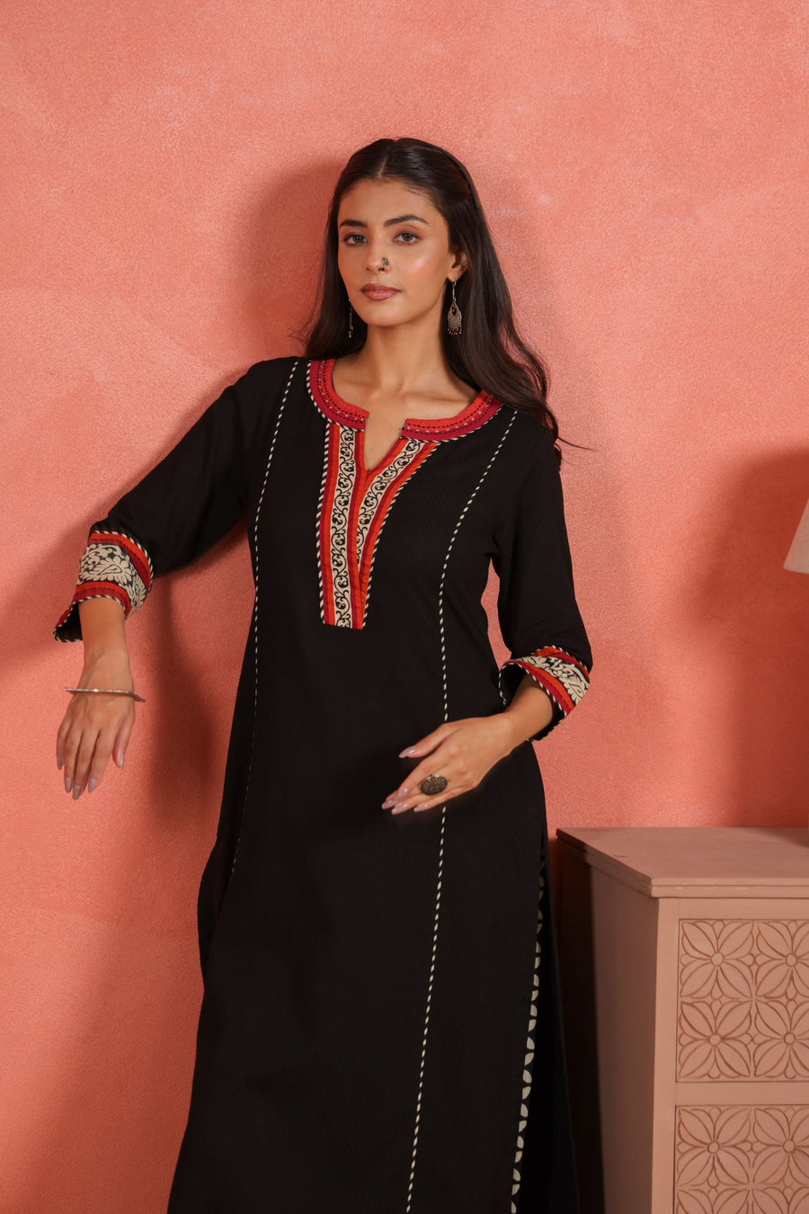 Black Cotton Dobby Kantha Sequin Hand Work Kurta with Printed Afghani Salwar