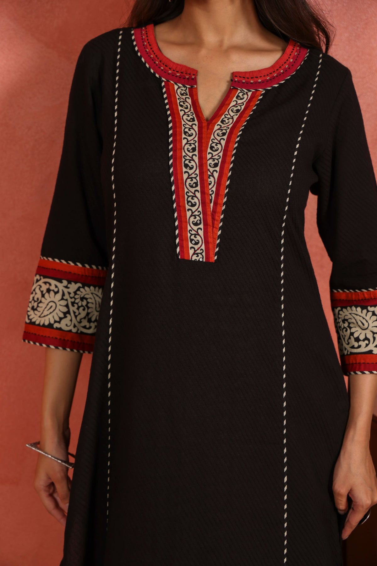 Black Cotton Dobby Kantha Sequin Hand Work Kurta with Printed Afghani Salwar