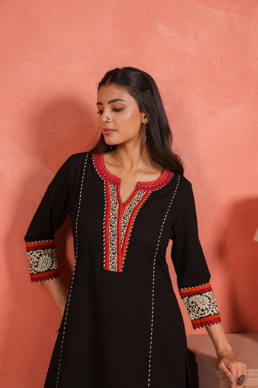 Black Cotton Dobby Kantha Sequin Hand Work Kurta with Printed Afghani Salwar