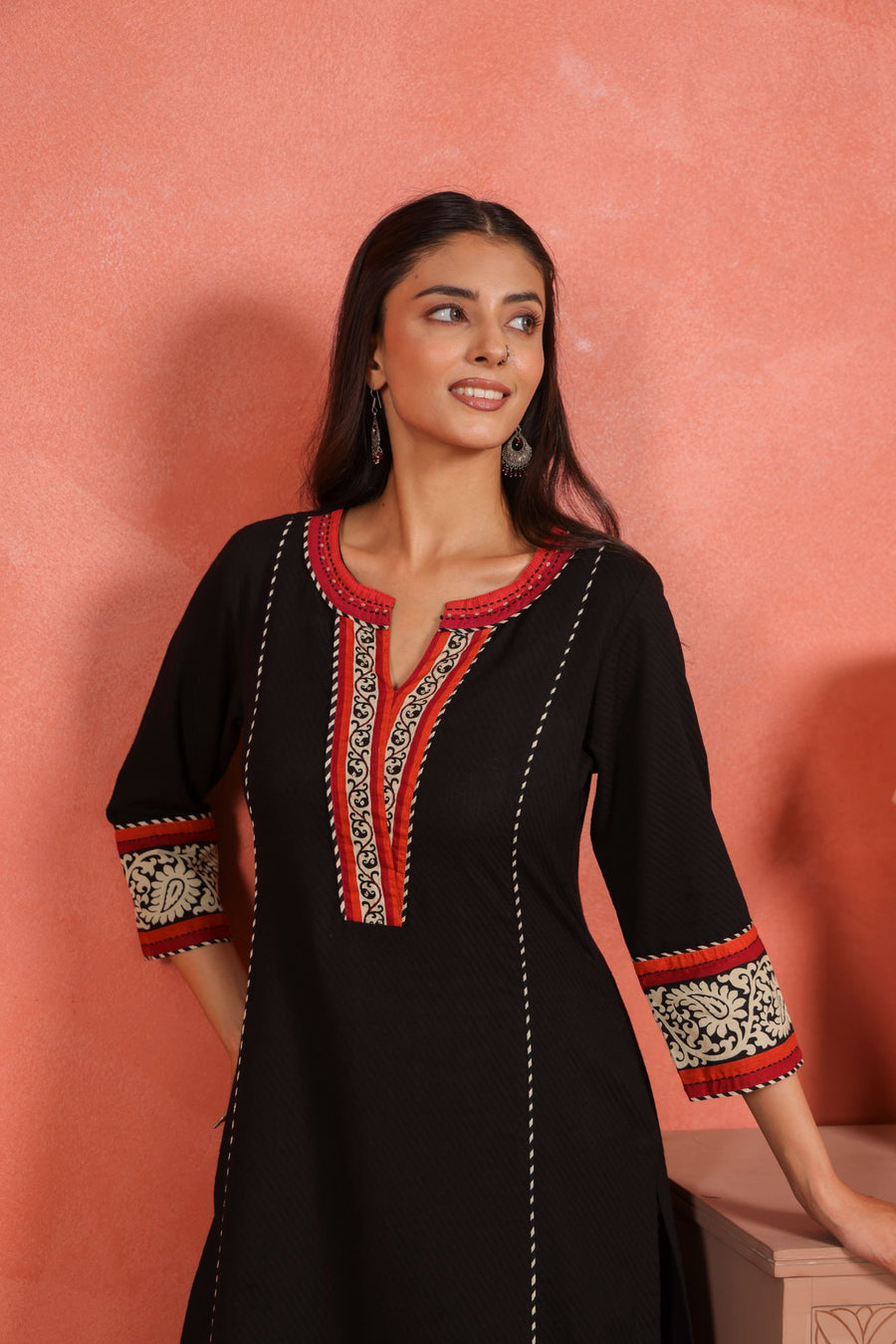 Black Cotton Dobby Kantha Sequin Hand Work Kurta with Printed Afghani Salwar