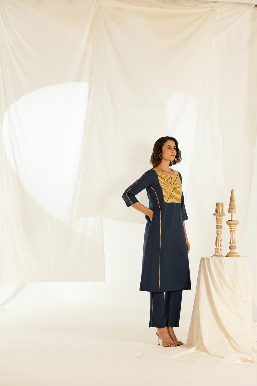 Indigo Linen Asymmetrical Stripped Yoke Kurta Pant Set