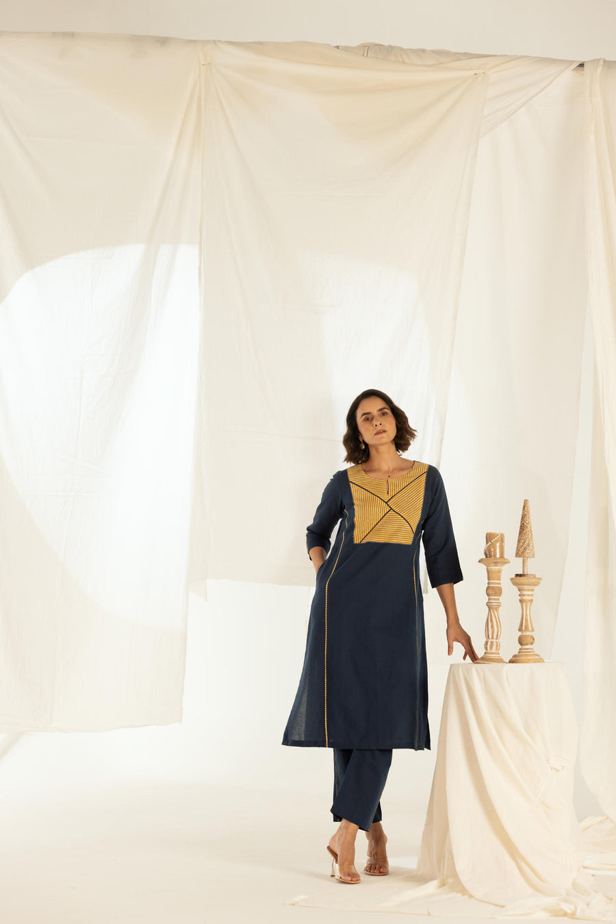 Indigo Linen Asymmetrical Stripped Yoke Kurta Pant Set