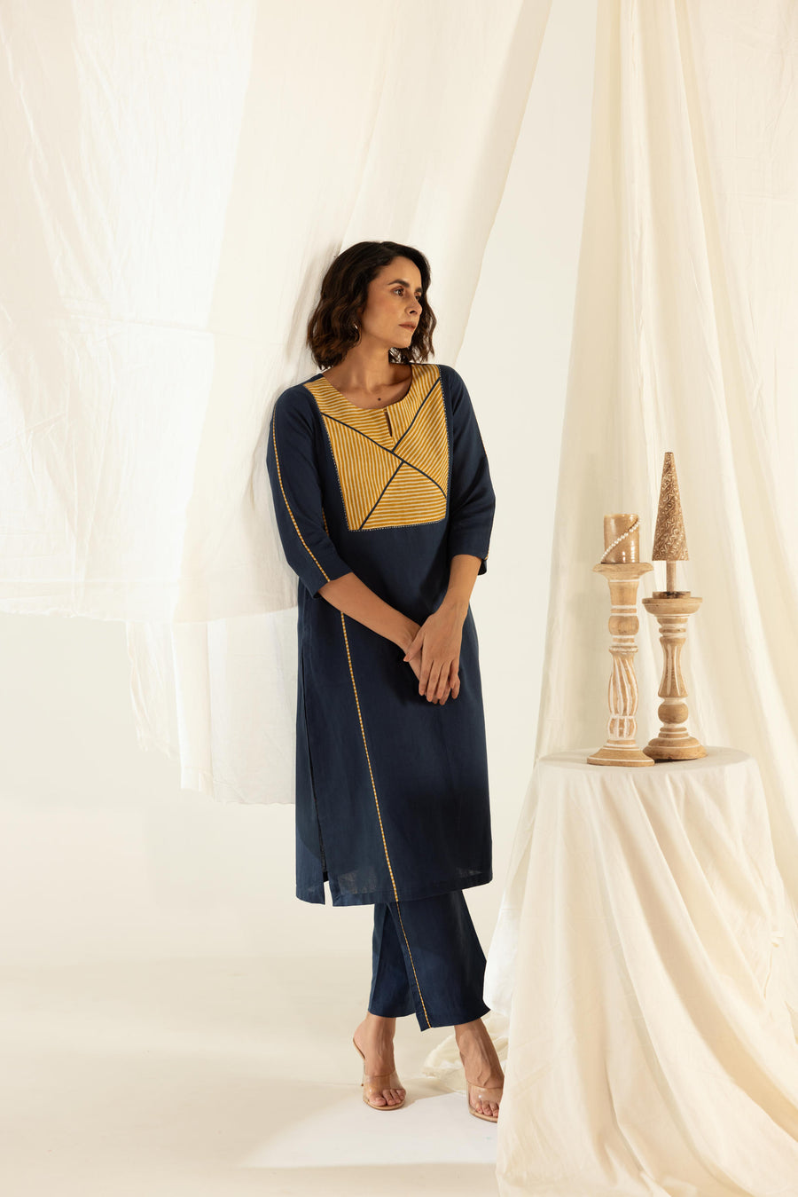 Indigo Linen Asymmetrical Stripped Yoke Kurta Pant Set