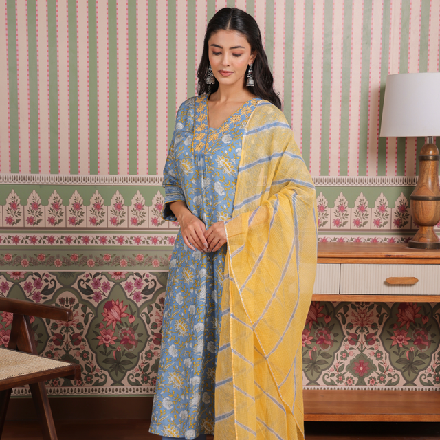 Blue Printed Modal Gota Patti Embroidered Suit Set