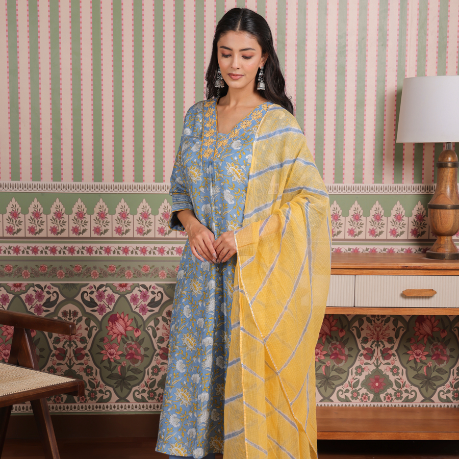 Blue Printed Modal Gota Patti Embroidered Suit Set