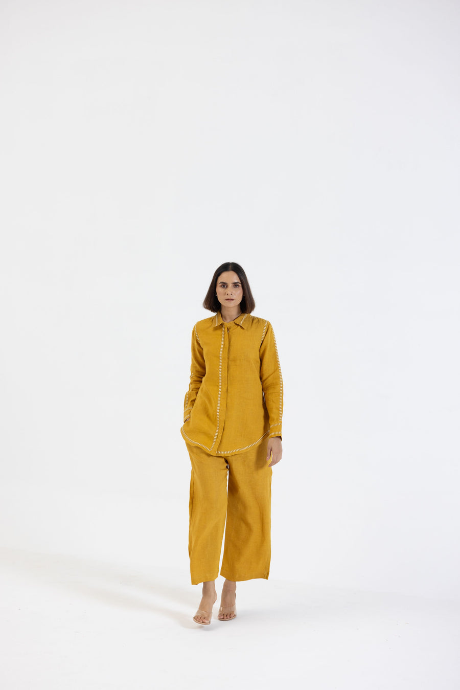 Mustard Pure Linen Comfort Fit Co-Ord Set with Printed Trims