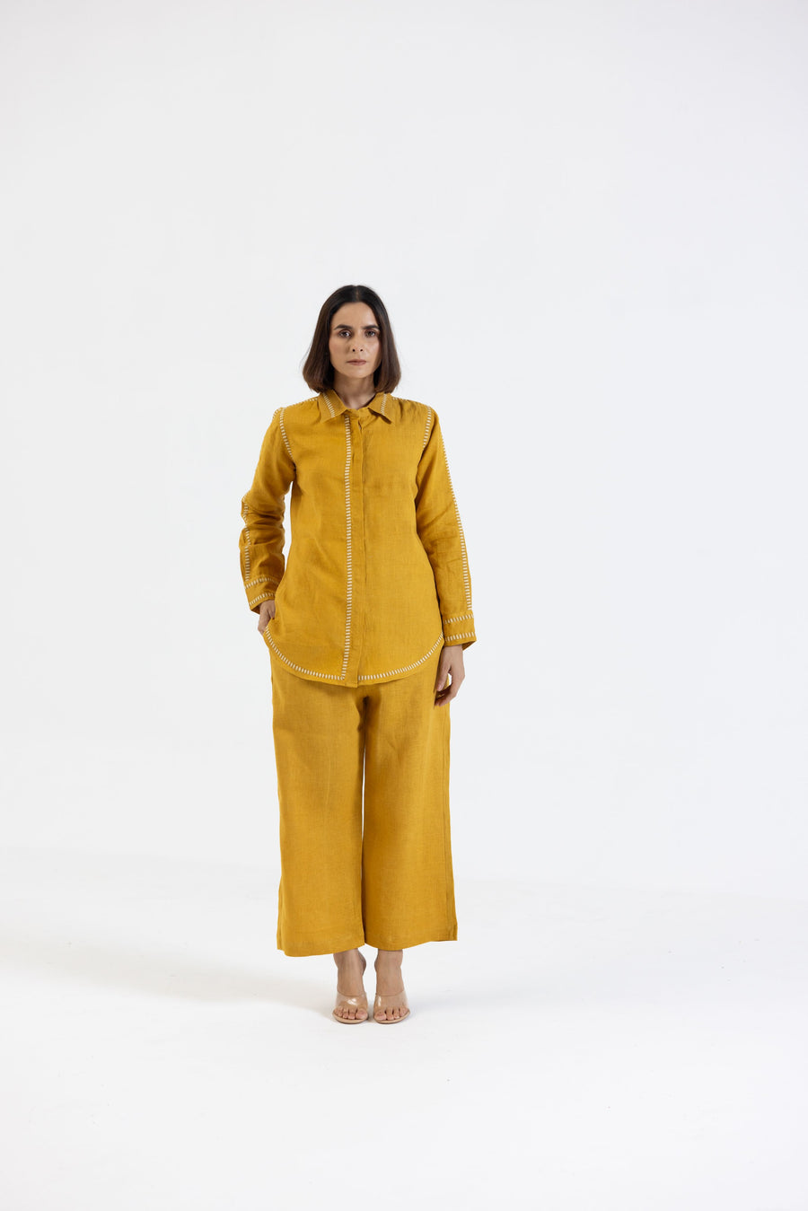 Mustard Pure Linen Comfort Fit Co-Ord Set with Printed Trims