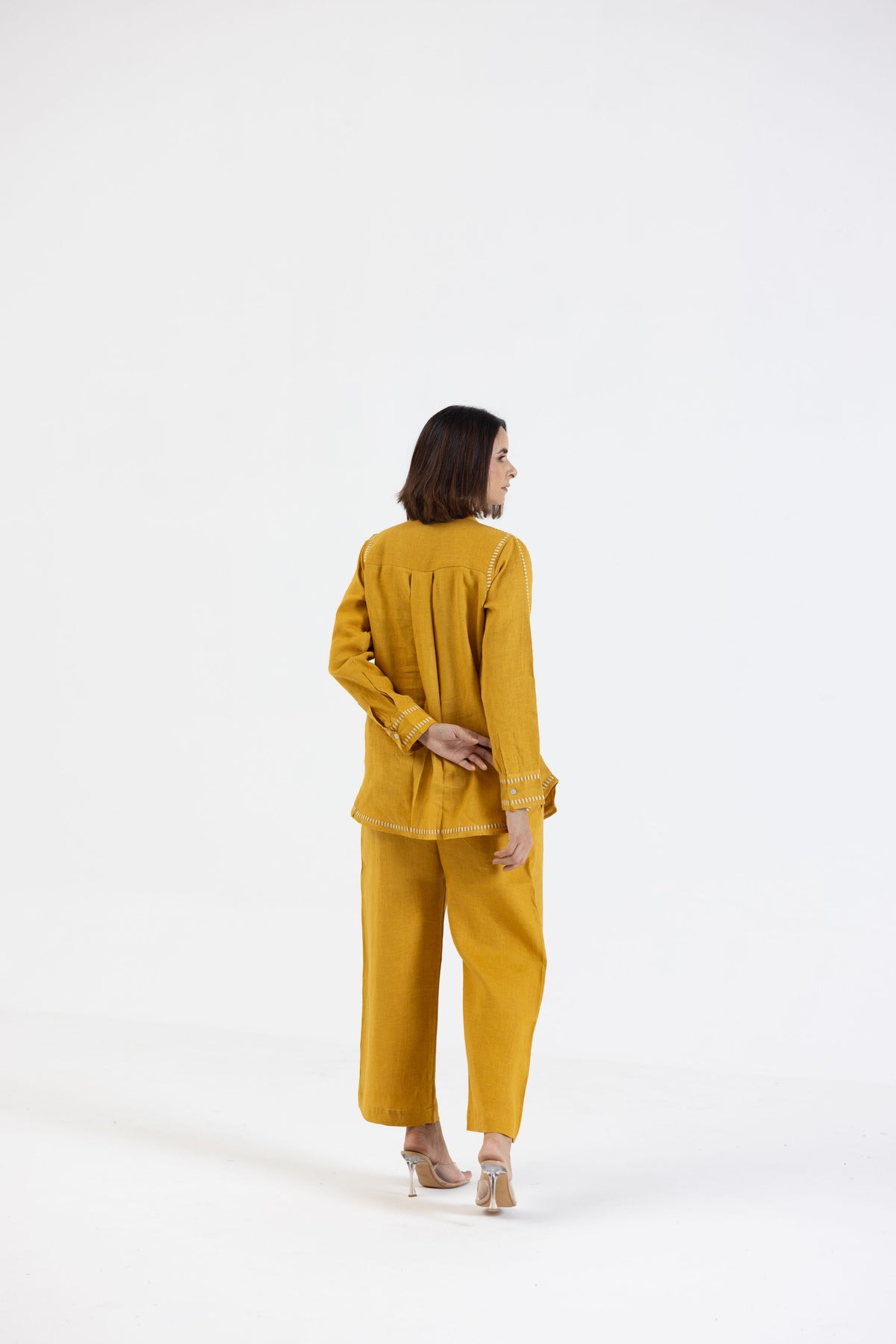 Mustard Pure Linen Comfort Fit Co-Ord Set with Printed Trims