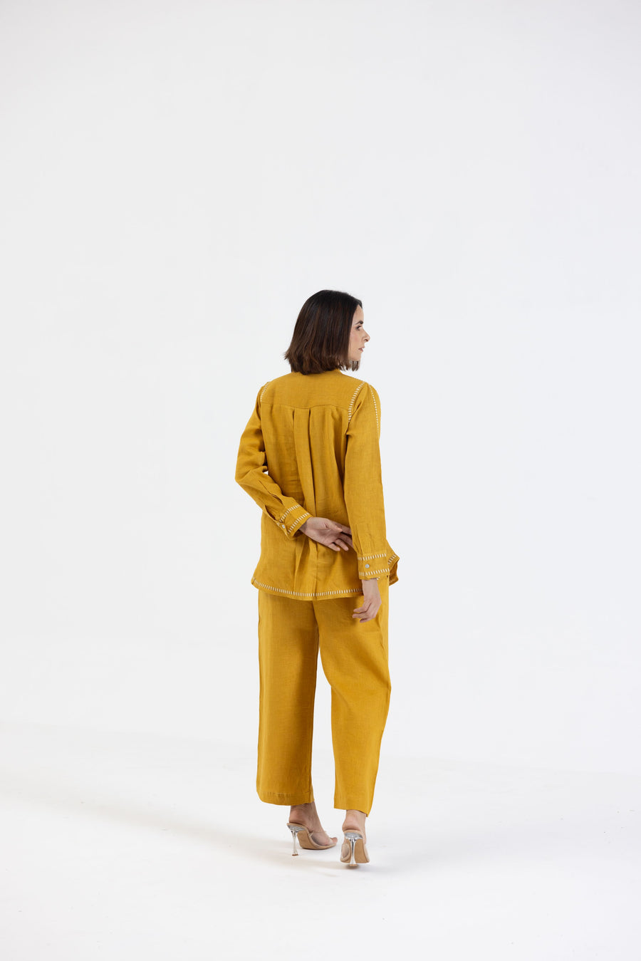 Mustard Pure Linen Comfort Fit Co-Ord Set with Printed Trims