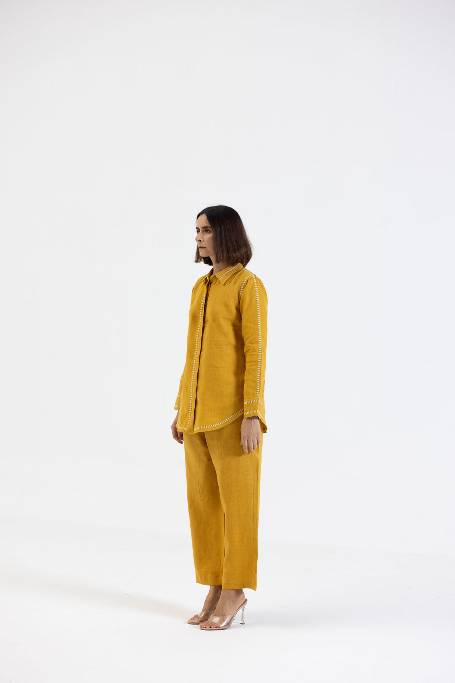 Mustard Pure Linen Comfort Fit Co-Ord Set with Printed Trims