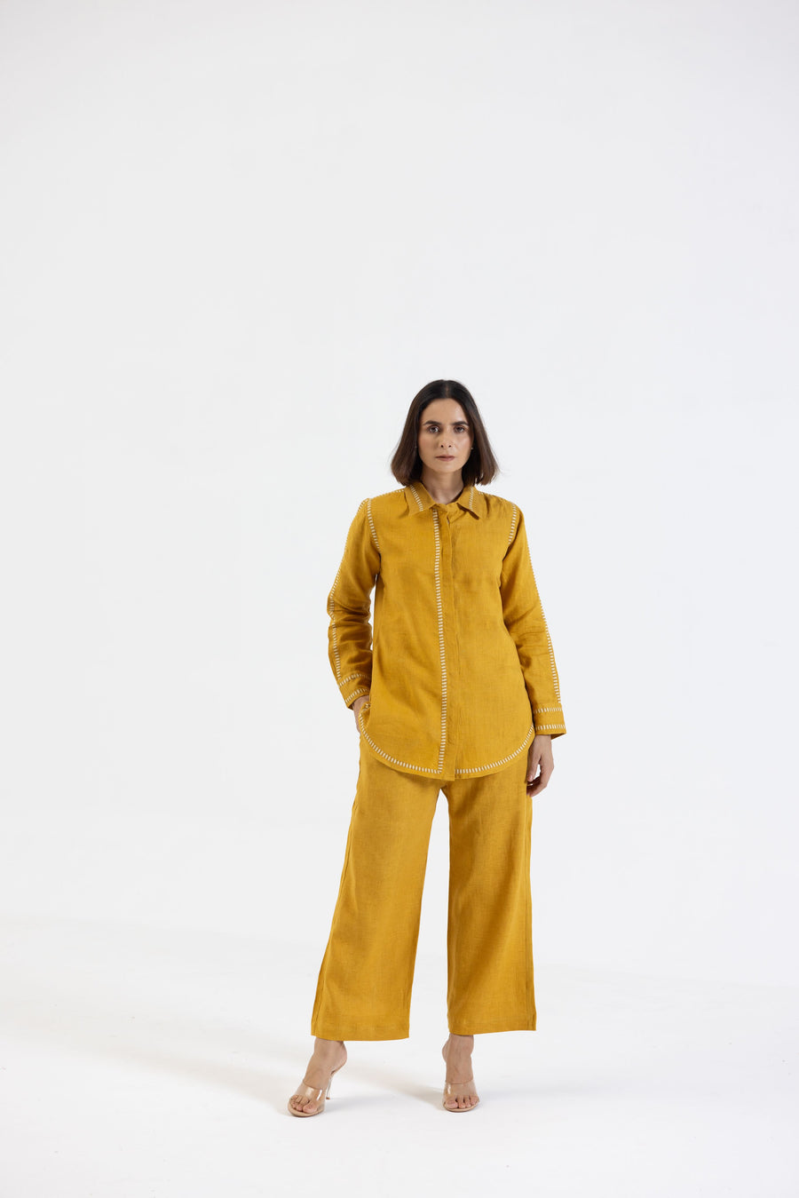Mustard Pure Linen Comfort Fit Co-Ord Set with Printed Trims