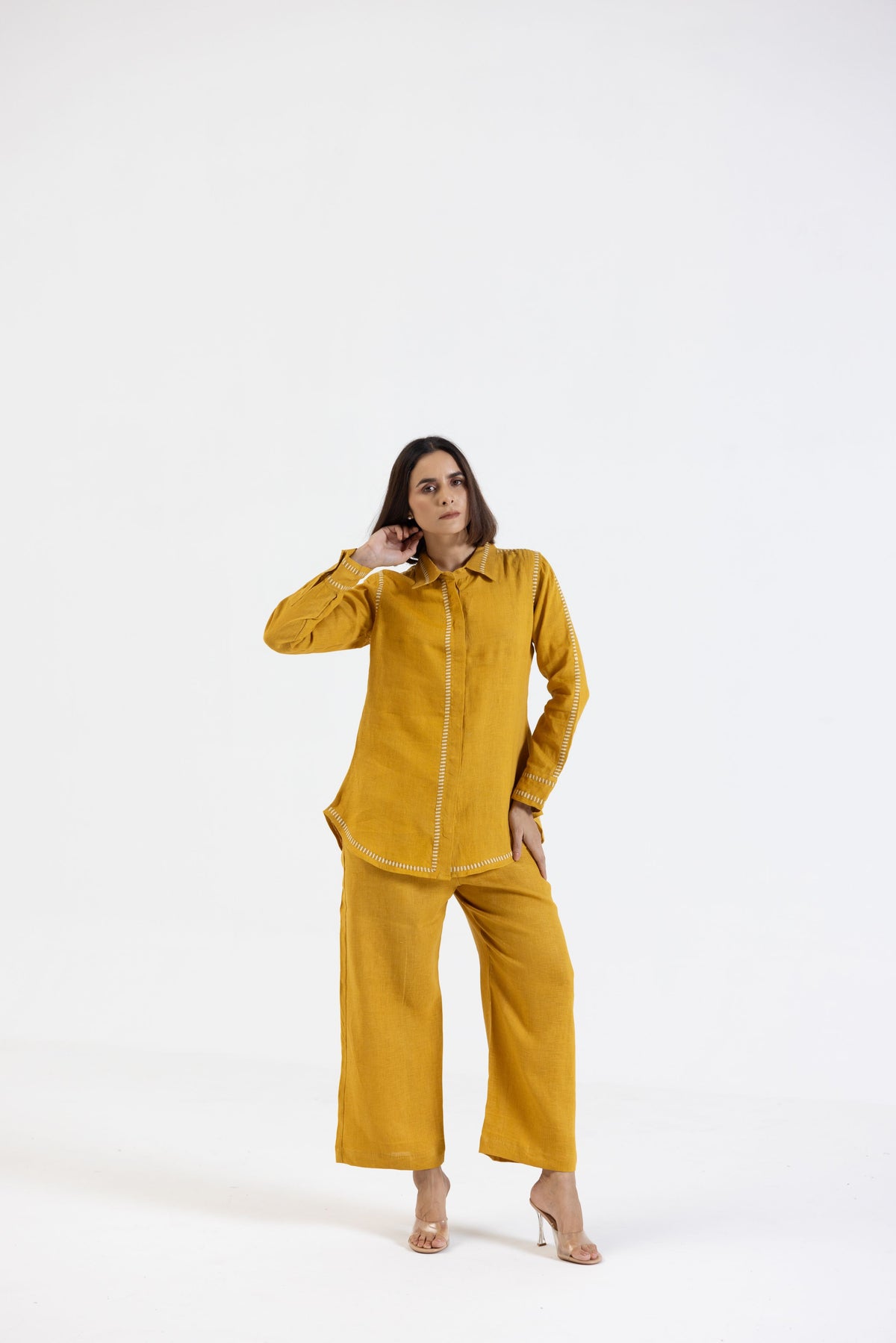Mustard Pure Linen Comfort Fit Co-Ord Set with Printed Trims