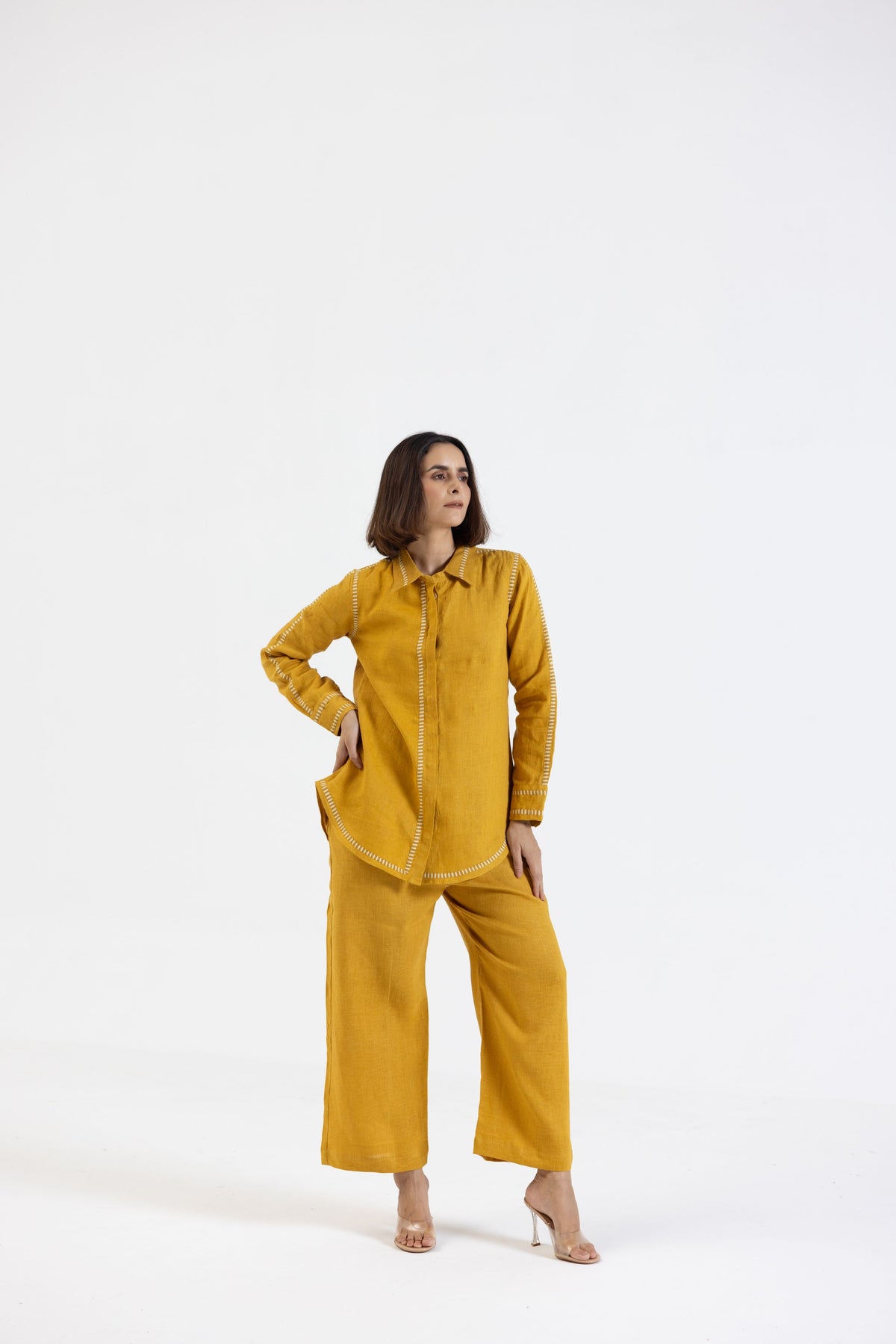 Mustard Pure Linen Comfort Fit Co-Ord Set with Printed Trims