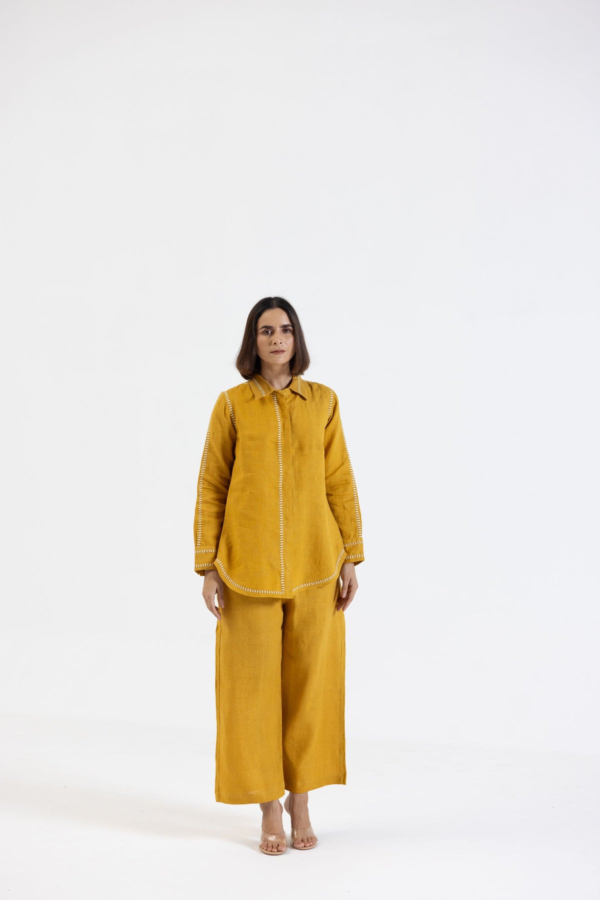 Mustard Pure Linen Comfort Fit Co-Ord Set with Printed Trims