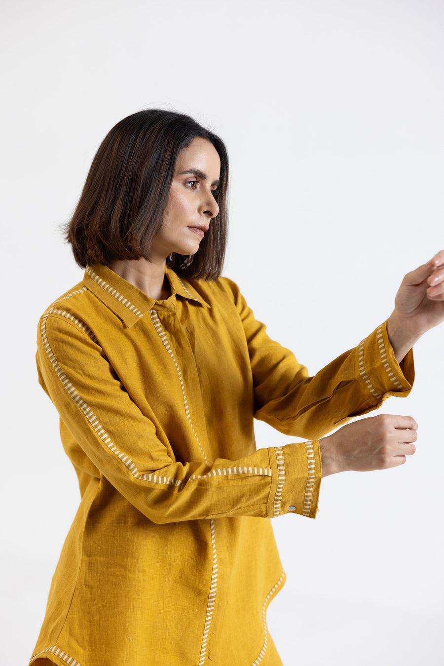 Mustard Pure Linen Comfort Fit Co-Ord Set with Printed Trims