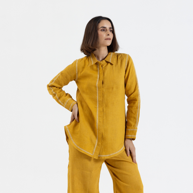 Mustard Pure Linen Comfort Fit Co-Ord Set with Printed Trims