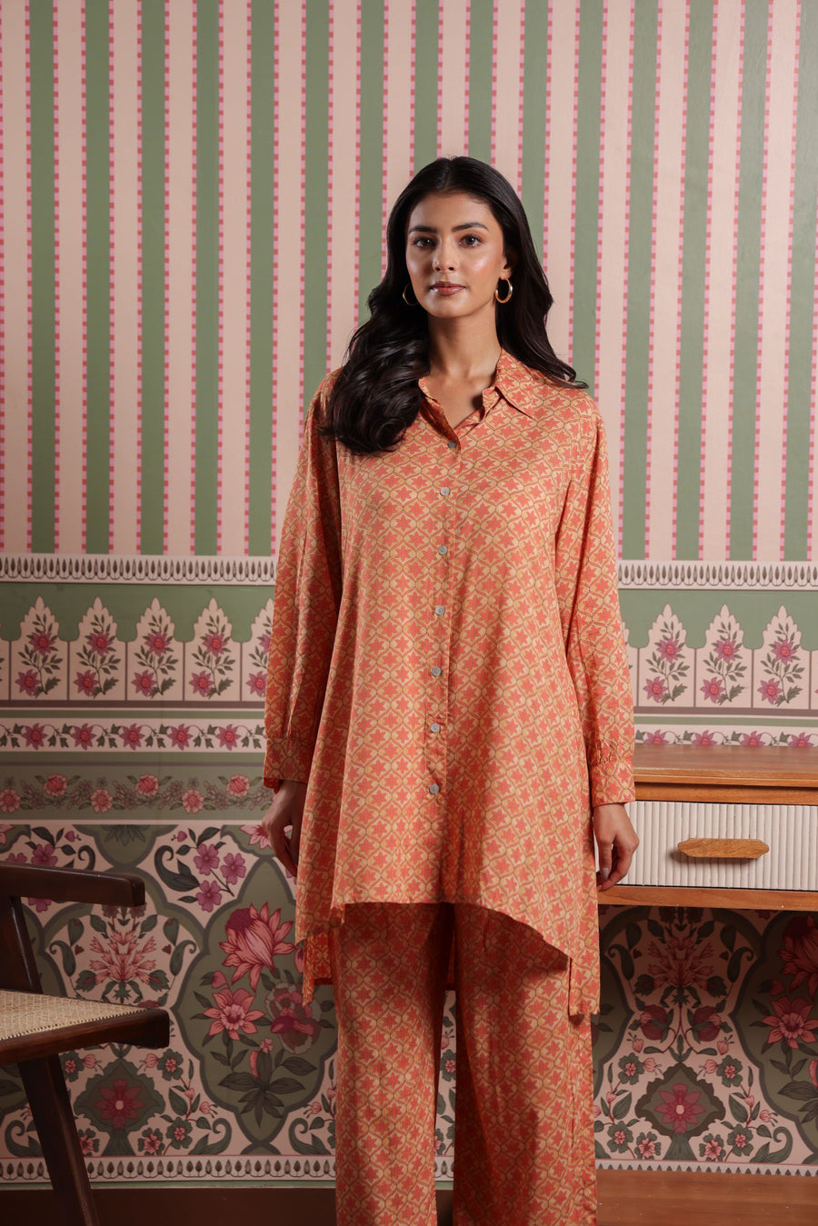 Ochre Yellow Muslin Asymmetric Comfort Fit Front Open Kurta with Pants