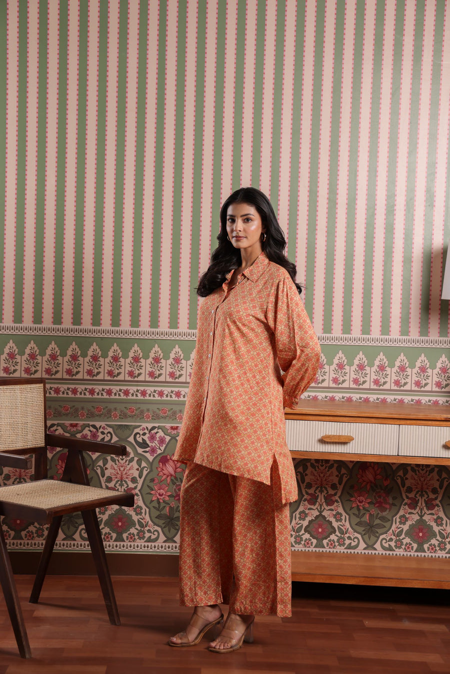 Ochre Yellow Muslin Asymmetric Comfort Fit Front Open Kurta with Pants