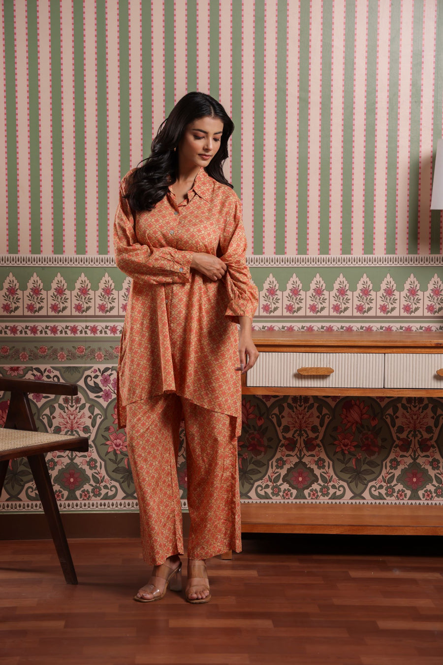 Ochre Yellow Muslin Asymmetric Comfort Fit Front Open Kurta with Pants
