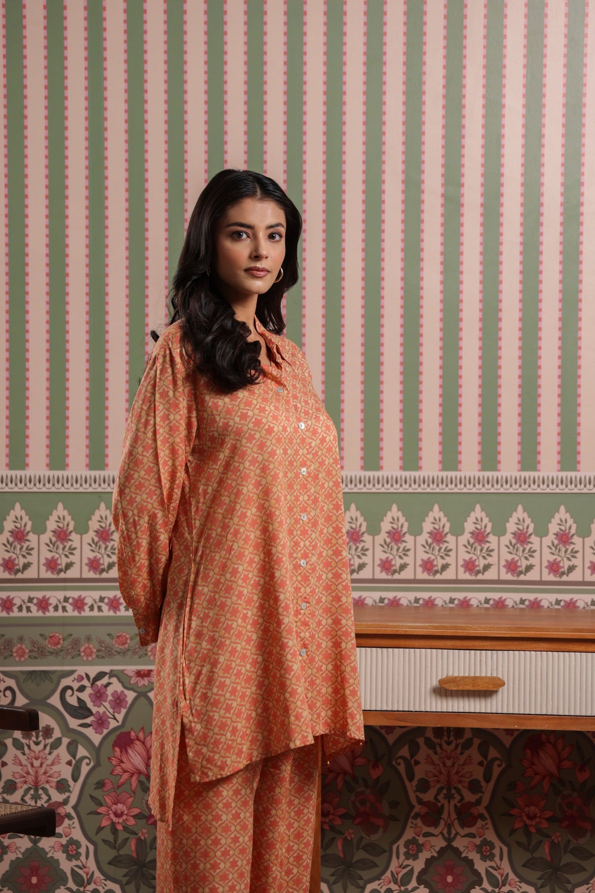 Ochre Yellow Muslin Asymmetric Comfort Fit Front Open Kurta with Pants